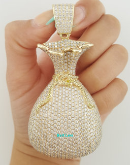 Money Bag Pave Diamond Pendant 15 ct 14k Gold 78.3 Grams 3.26" Retail $30K