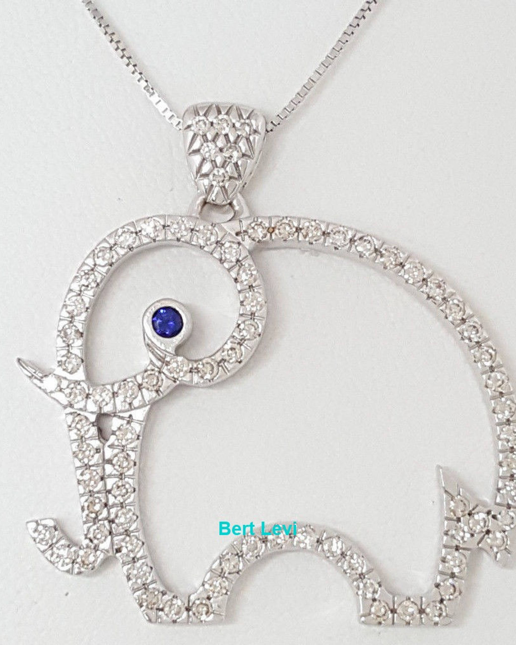 Round Diamond / Sapphire Elephant Pendant / Necklace 16" 0.90 ct 18K White Gold