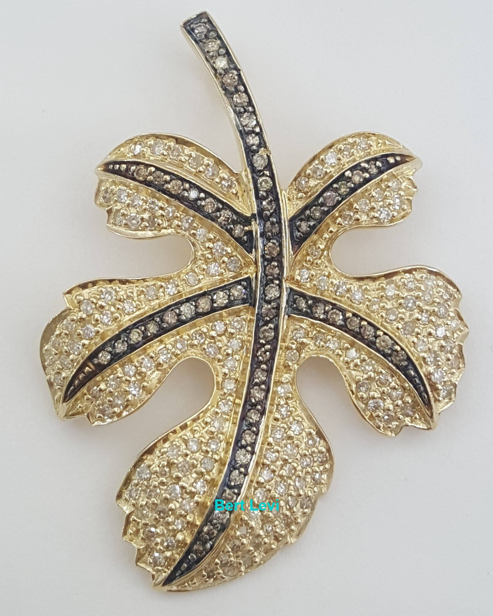 White Champagne Diamond Leaf Pendant 1 ct 1.65" 14K Yellow Gold