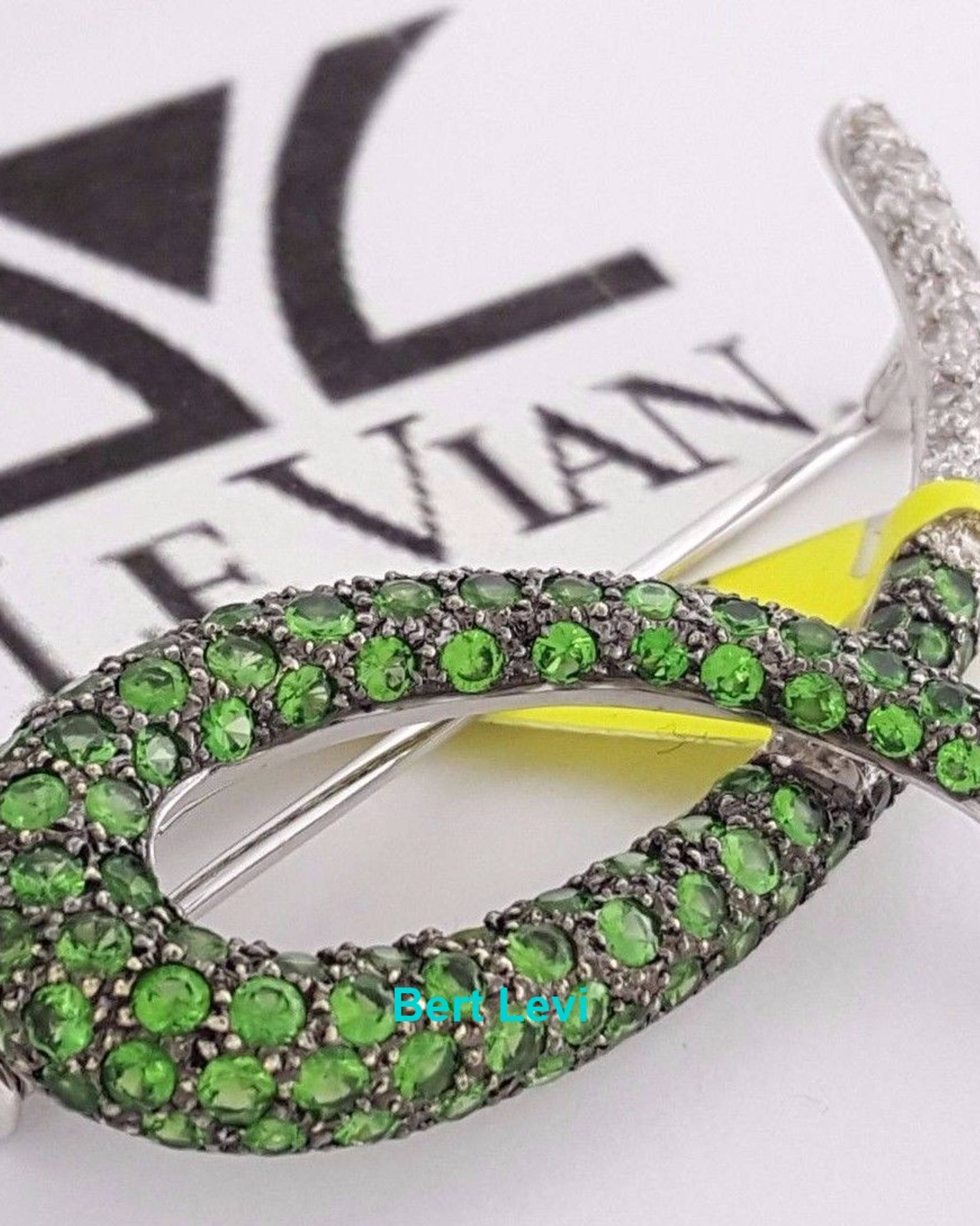 LeVian Le Vian Round Cut Diamond & Tsavorite Garnet Brooch Pin 18K W Gold 3.1 ct