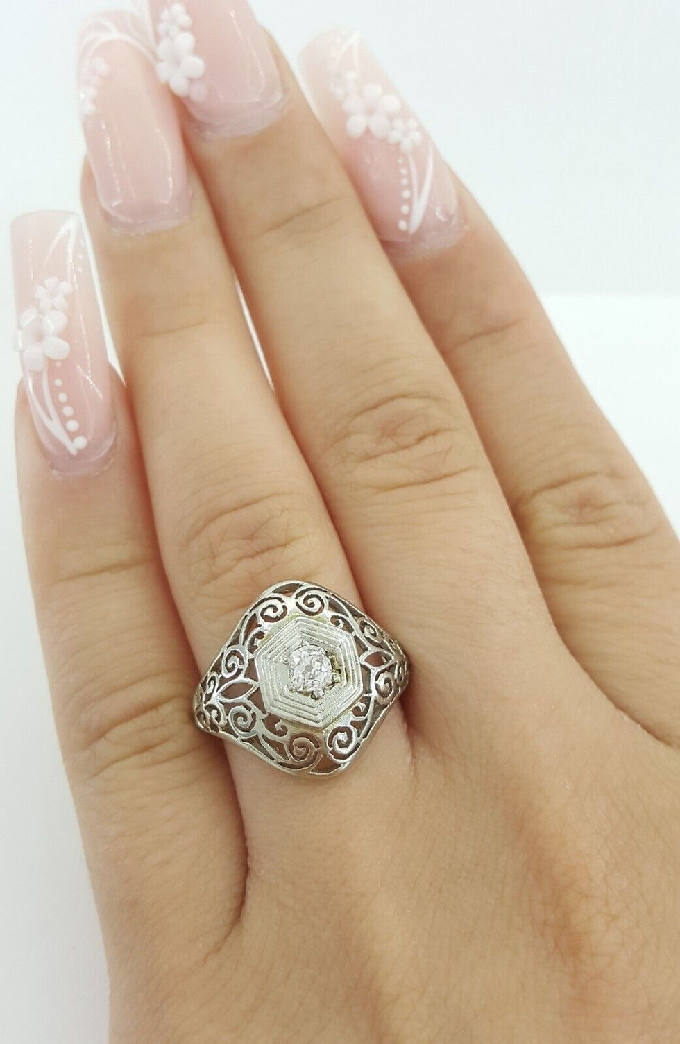 Thumbnail: Antique Art Deco Old Mine Cut Diamond Engagement Ring 0.22 ct 18k White Gold