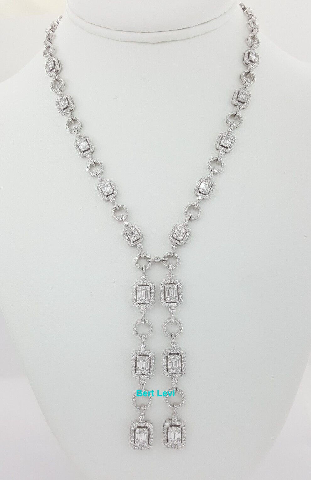 9 ct Round Baguette Princess Diamond Drop Lariat Necklace 18K W Gold Rtl $35k