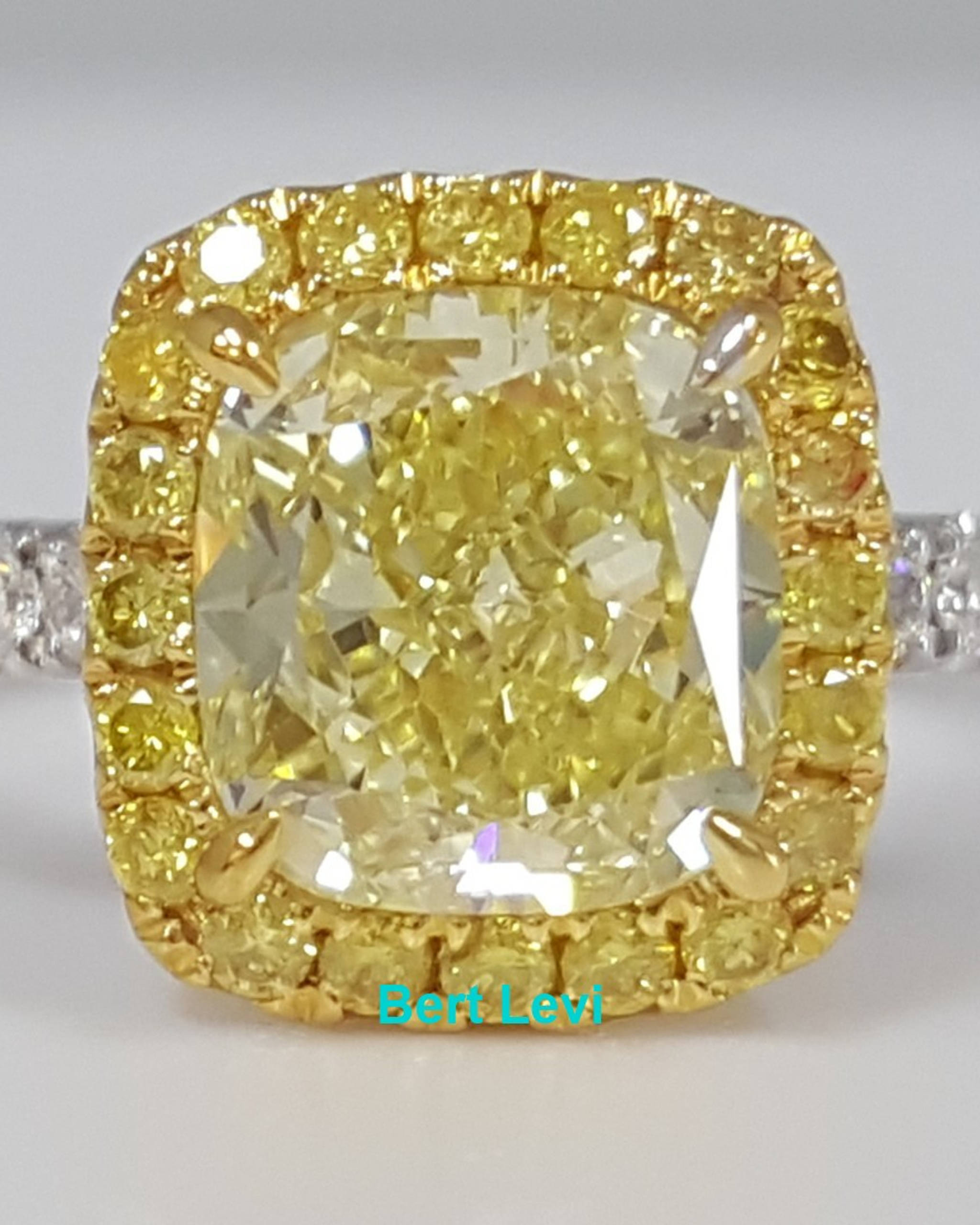 Fancy Yellow Cushion Halo Diamond Engagement Ring 1.89ct 18k 2-Tone Gold Rt $25K