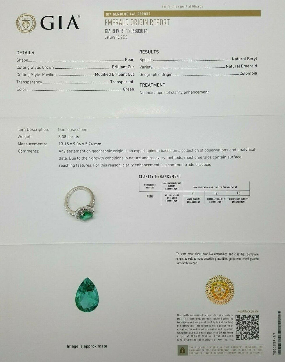 Thumbnail: Colombian No Oil Pear Shape Green Emerald 5.21 ct & Diamond Halo Ring GIA $50k