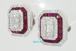 18k White Gold 3.39 ct Round & Baguette Diamond & Ruby Halo Stud Earrings 12gm