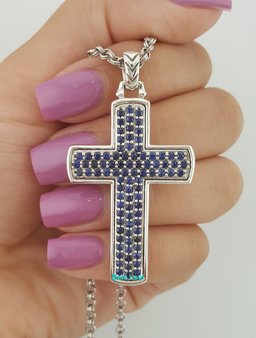 Esquire Silver Sapphire Cross Necklace Italy 22" 20.3 Grams