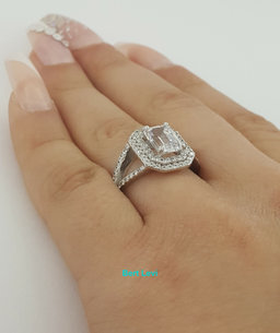 Emerald Semi-Mount Double Halo Split Shank Engagement Ring CZ & 0.88 ct 14K Gold