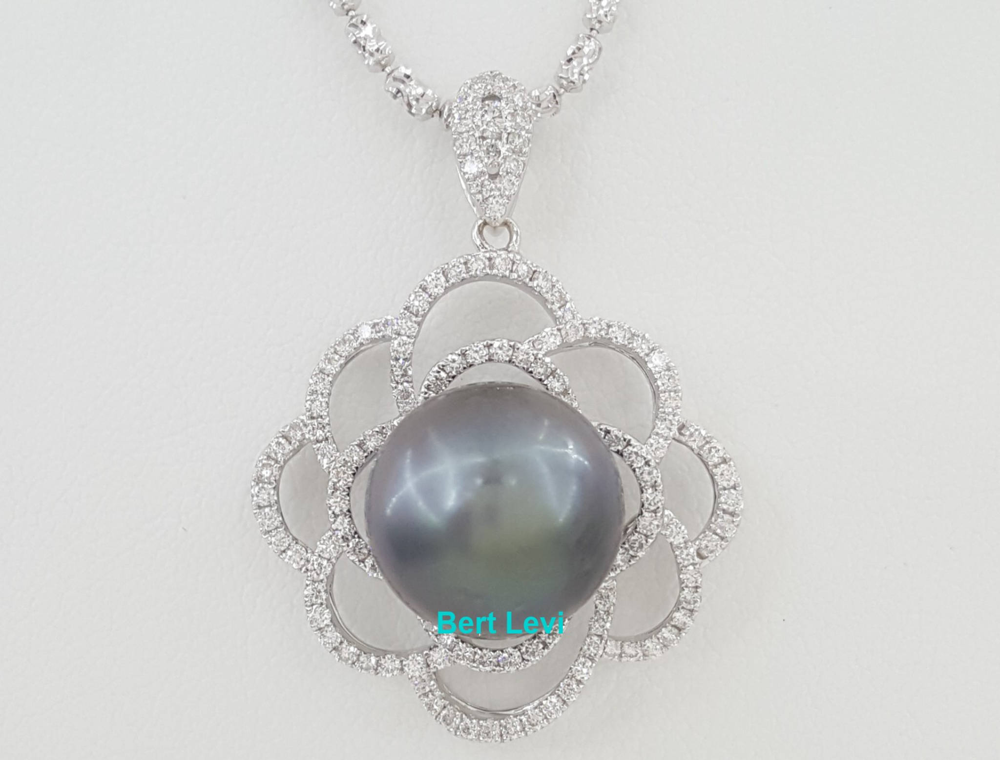 13.7 mm Tahitian Pearl & Diamond Flower Pendant Necklace 1.3 ct 18K Gold 18"