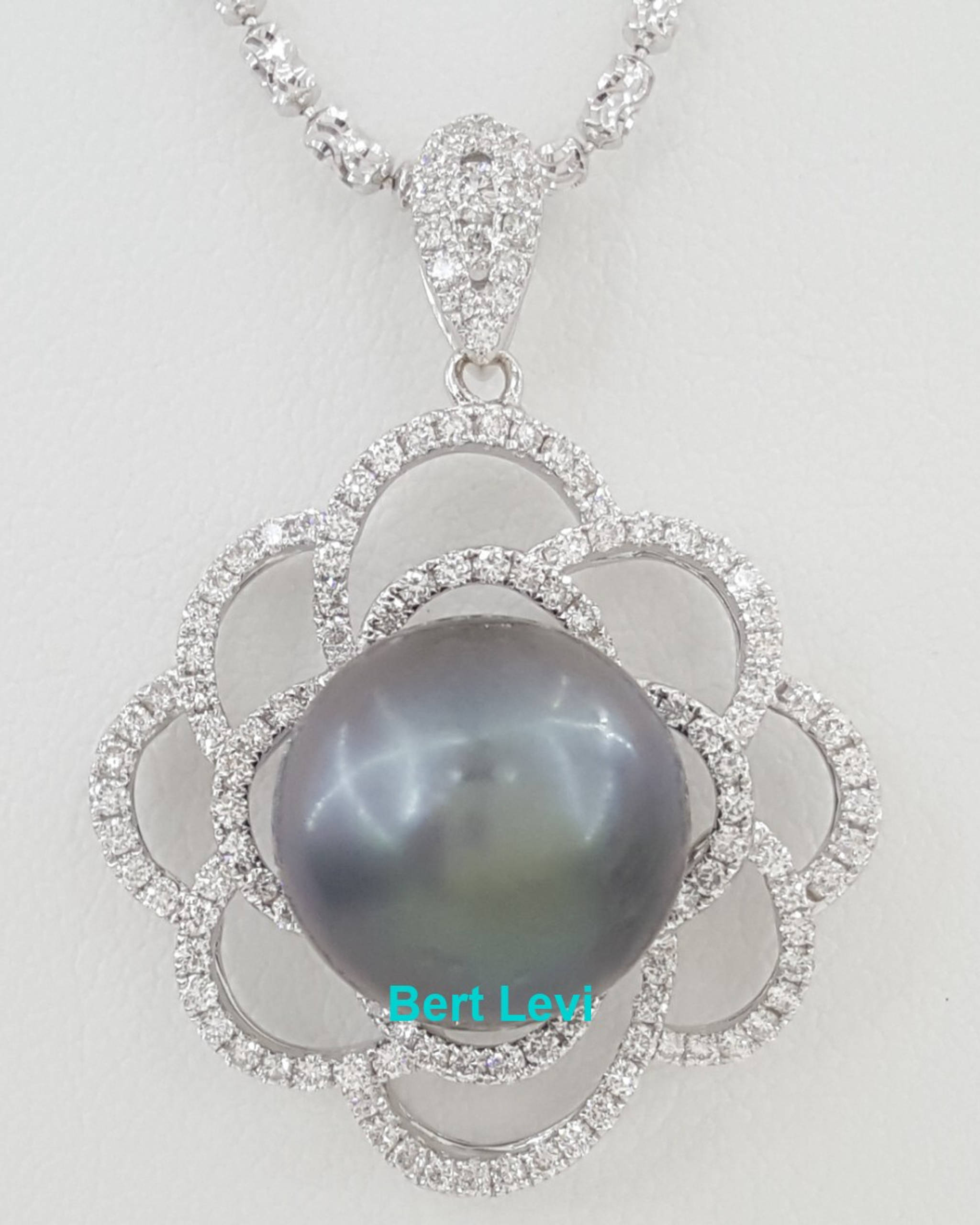 13.7 mm Tahitian Pearl & Diamond Flower Pendant Necklace 1.3 ct 18K Gold 18"