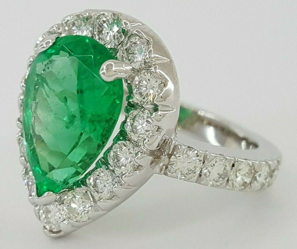 Thumbnail: Colombian No Oil Pear Shape Green Emerald 5.21 ct & Diamond Halo Ring GIA $50k