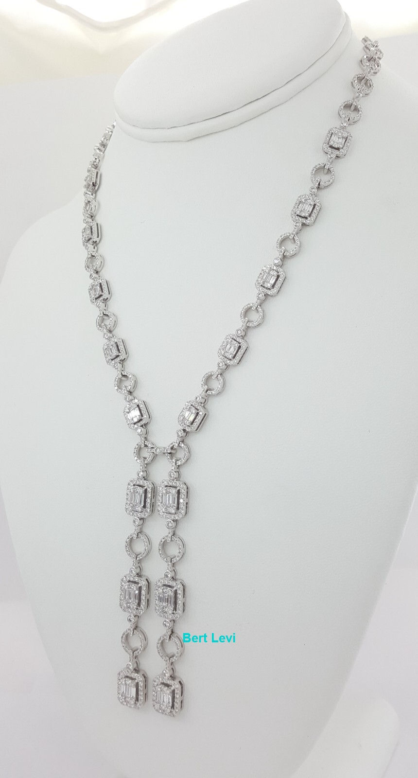 Thumbnail: 9 ct Round Baguette Princess Diamond Drop Lariat Necklace 18K W Gold Rtl $35k