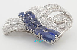 Antique Art Deco Diamond Sapphire Brooch 4.1 ct Plat & 18K Gold 1.4"