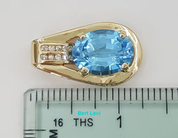 Oval Blue Topaz & Diamond Slider Pendant 0.25 ct 14k Yellow Gold 1.2”