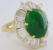 18K Yellow Gold 6.38 ct Cabochon Cut Green Jade & Diamond Halo Ballerina Ring