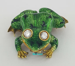 Vintage Round Diamond & Green Enamel Frog Brooch / Pin Pendant 18K Gold 0.28 ct