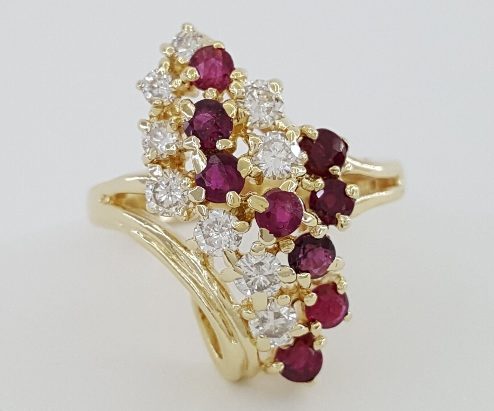 Vintage Round Cut Diamond & Red Ruby 1.4 ct Waterfall Statement Ring 14k Gold