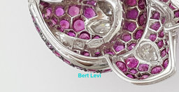 Rose Brooch 18K White Gold 14.26 ct Round & Pear Cut Diamonds & Pink Sapphires