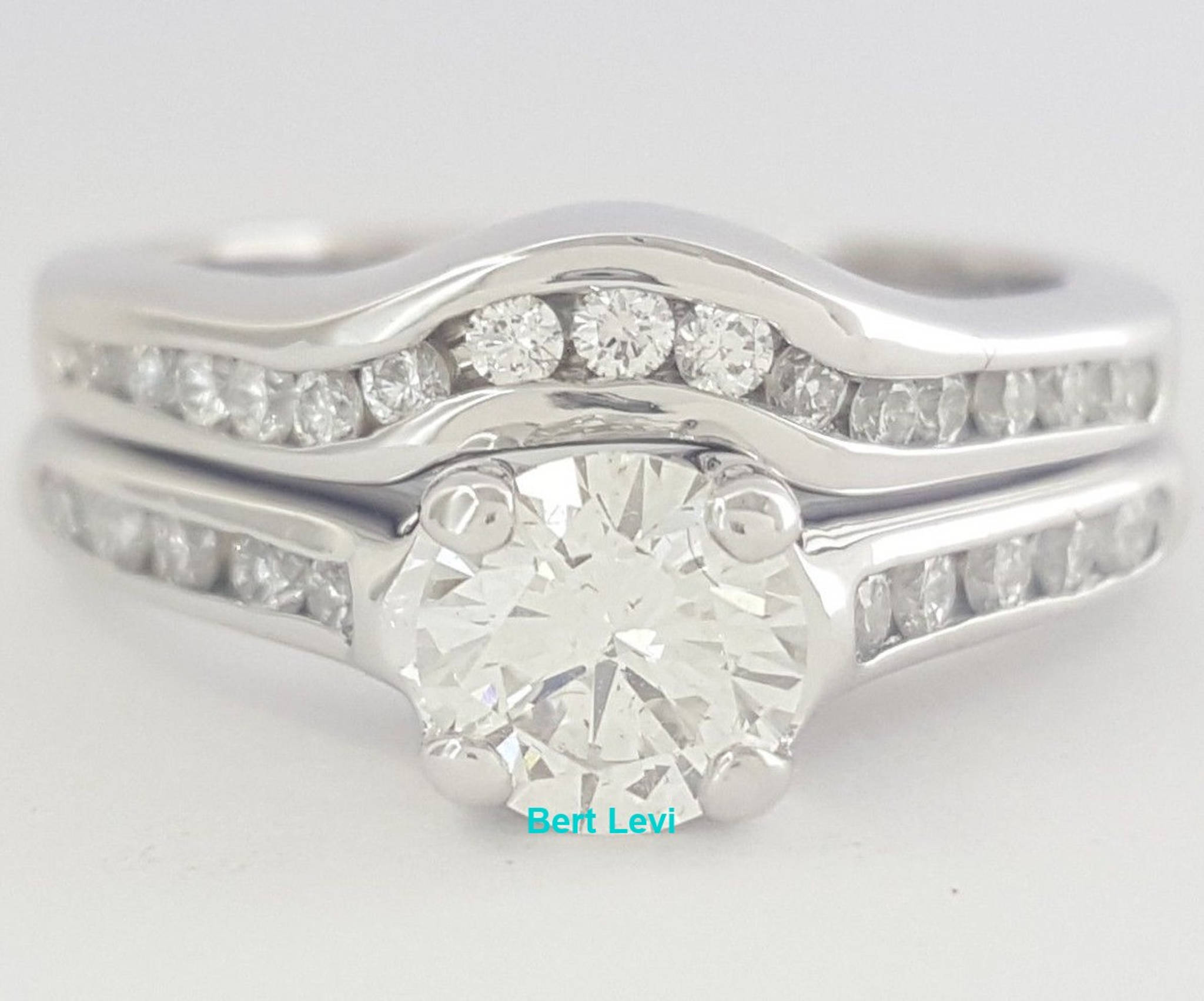 Round Cut Diamond Channel Wedding Engagement Ring Set 0.86 ct 14K White Gold