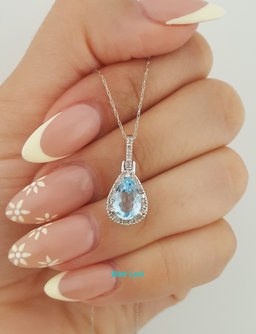 Aquamarine & Diamond Halo Pendant Necklace 10K White Gold