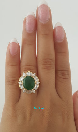 Jade Jadeite Fei Cui Type A Diamond Halo Ballerina Ring 18K Yellow Gold 6.38 ct