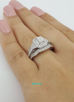 Emerald & Round Diamond Halo Engagement Ring & Band 14K White Gold 1.27 ct