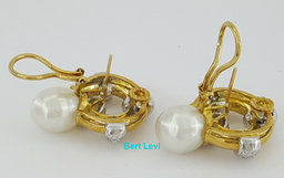 Vintage 18k Yellow Gold South Sea Pearl & 1.2 ct Diamond Earclips Earrings 31.1g