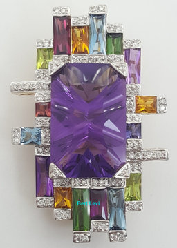 Bellarri Amethyst Gemset Diamond Pendant Brooch 21.4 ct 18.9Gr 18K Yellow Gold