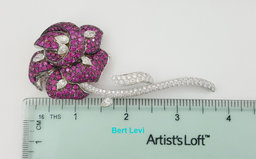 Rose Brooch 18K White Gold 14.26 ct Round & Pear Cut Diamonds & Pink Sapphires
