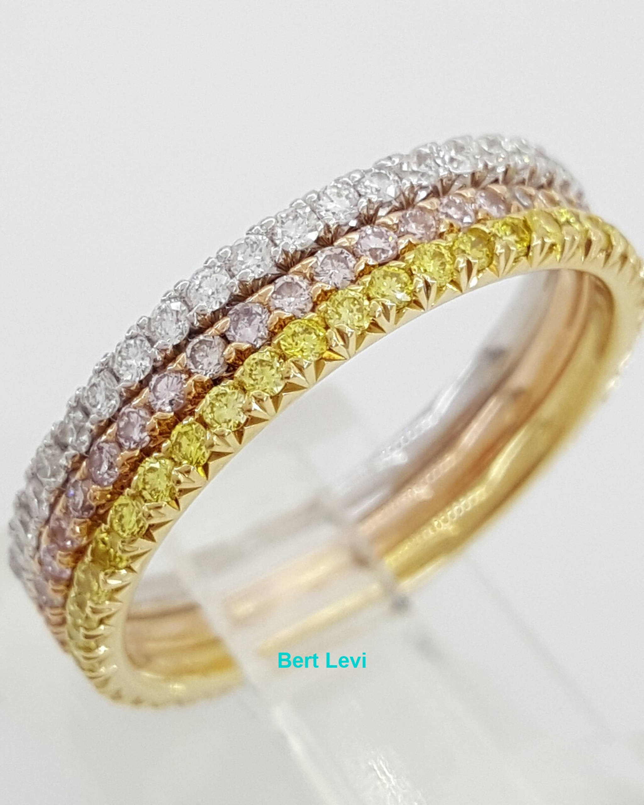 18k Tri-Color Gold Round White Pink & Yellow Diamond 1.6 ct Eternity Band Ring