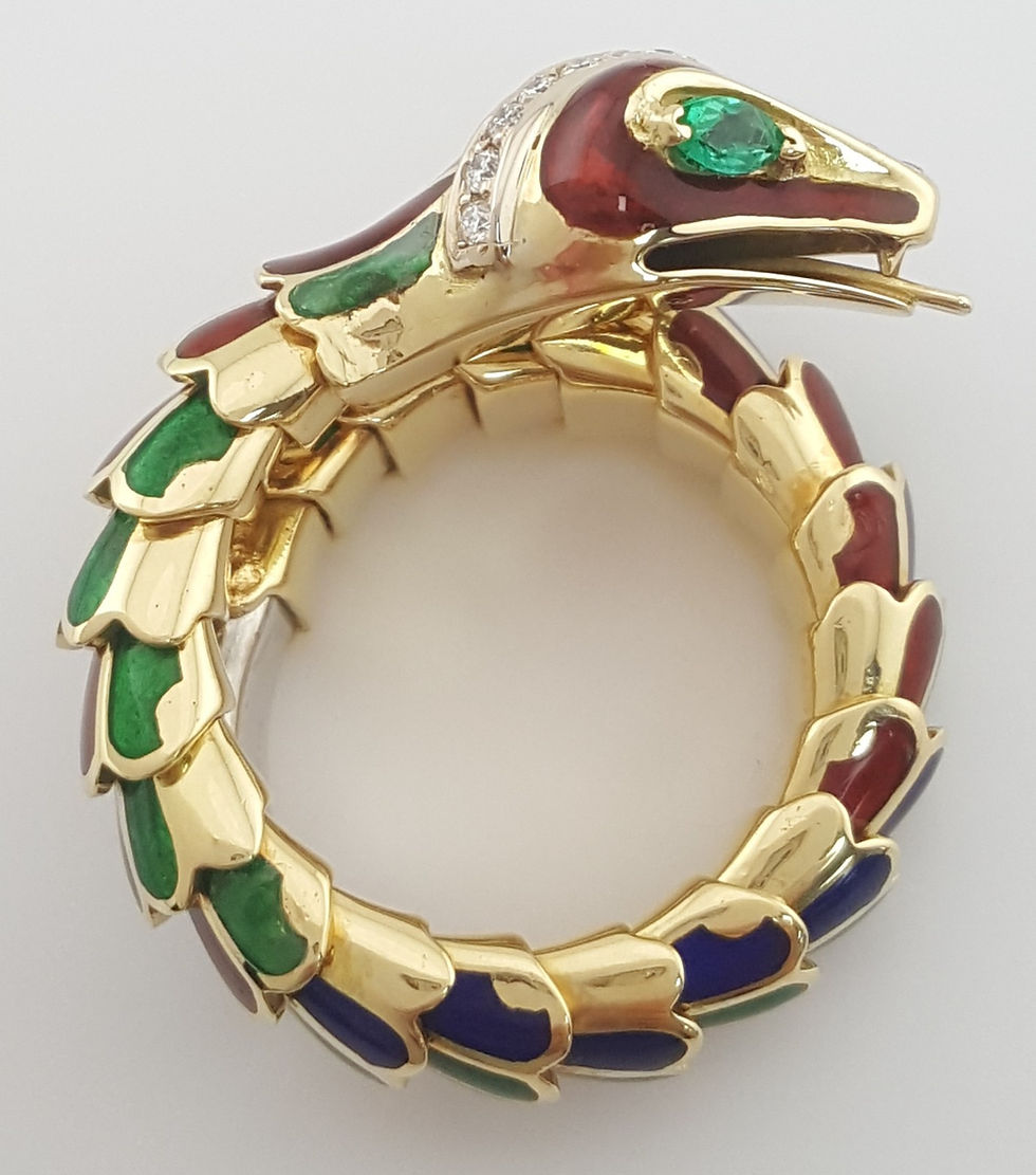 Thumbnail: Enamel Diamond Emerald Snake Viper Flex Ring 18K Gold Italy 21.5 Grams