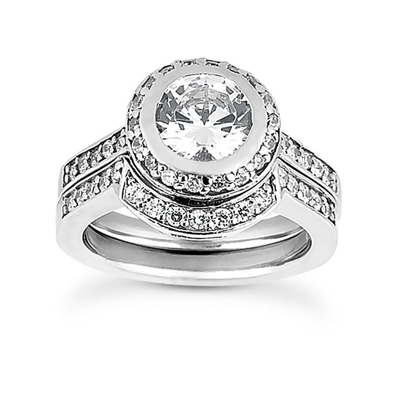 Thumbnail: Ladies 14KT White Gold Platinum Round Diamond Halo Engagement Set ENS1280-A