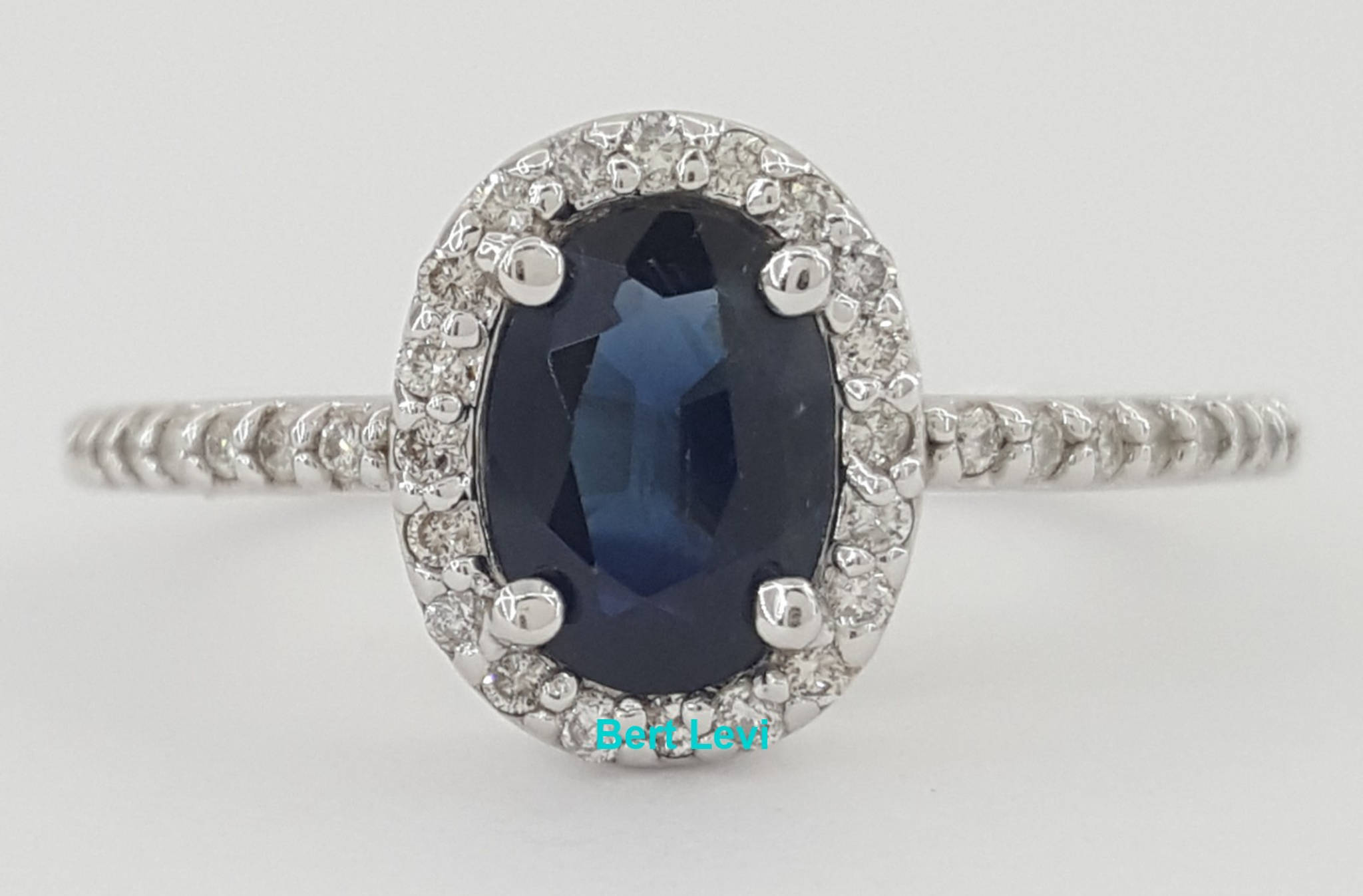 Oval Blue Sapphire & Diamond Halo 14k White Gold Engagement Ring 0.9 ct