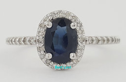 Oval Blue Sapphire & Diamond Halo 14k White Gold Engagement Ring 0.9 ct
