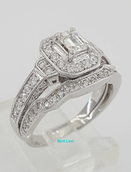 Emerald & Round Diamond Halo Engagement Ring & Band 14K White Gold 1.27 ct