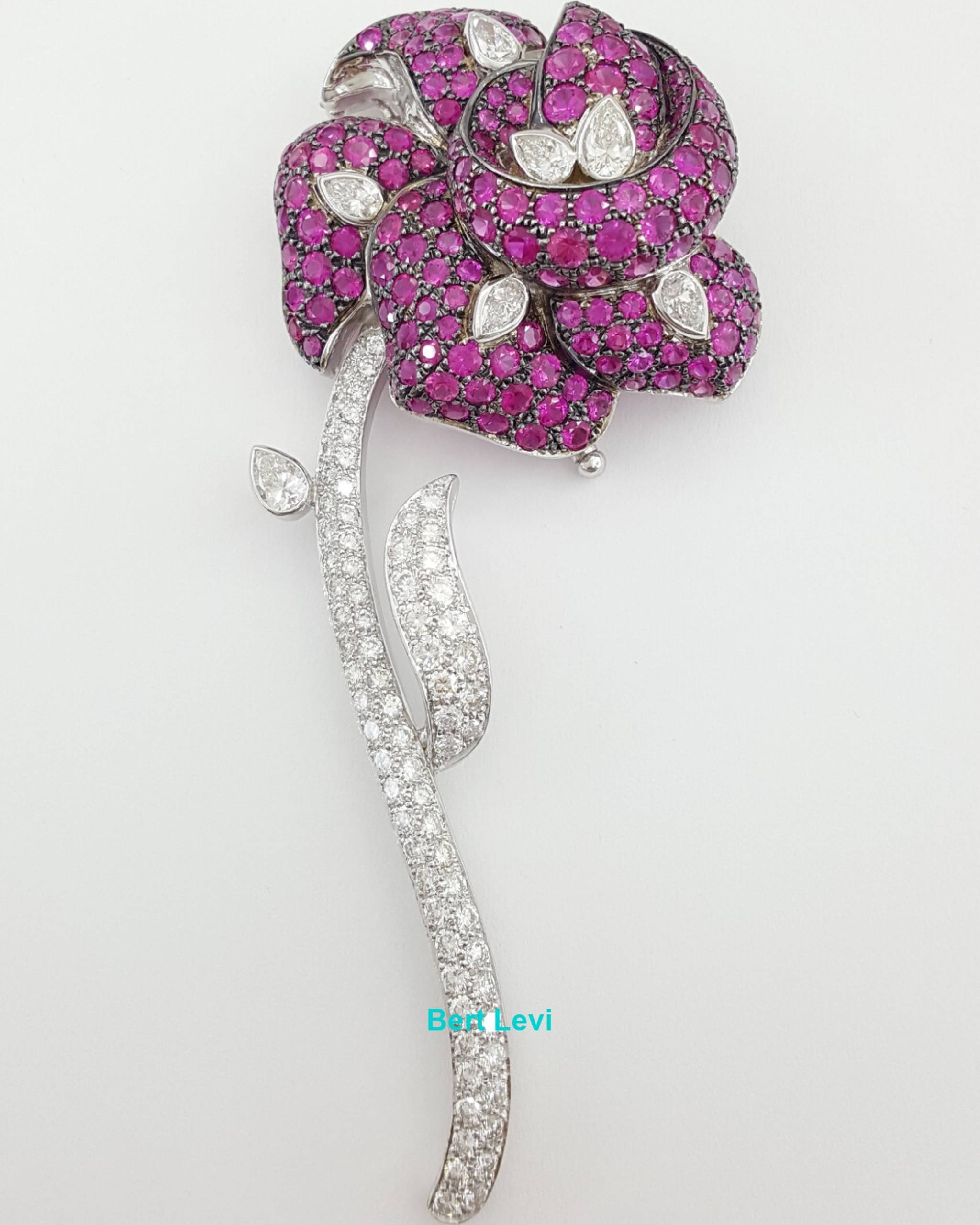 Rose Brooch 18K White Gold 14.26 ct Round & Pear Cut Diamonds & Pink Sapphires