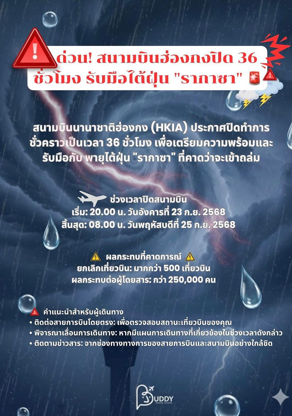 🚨 ด่วน! สนามบินฮ่องกงปิด 36 ชั่วโมง รับมือไต้ฝุ่น "รากาซา" 🚨