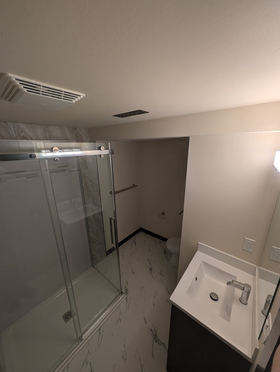 Photo of a bathroom shower and vanity renovation in Regina, Saskatchewan completed by B-Flex Services.