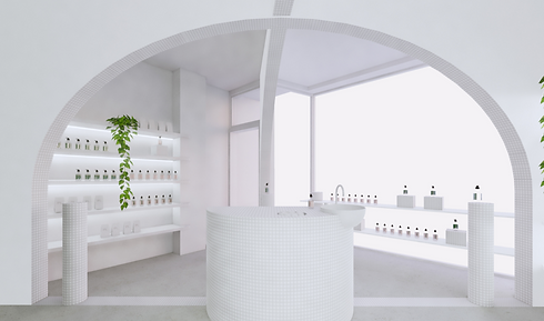 Pharmacy Retail Store with minimalist design and large arches.