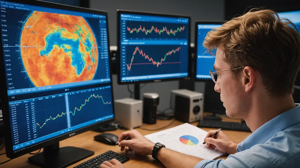 Close-up view of a meteorology student analyzing weather models
