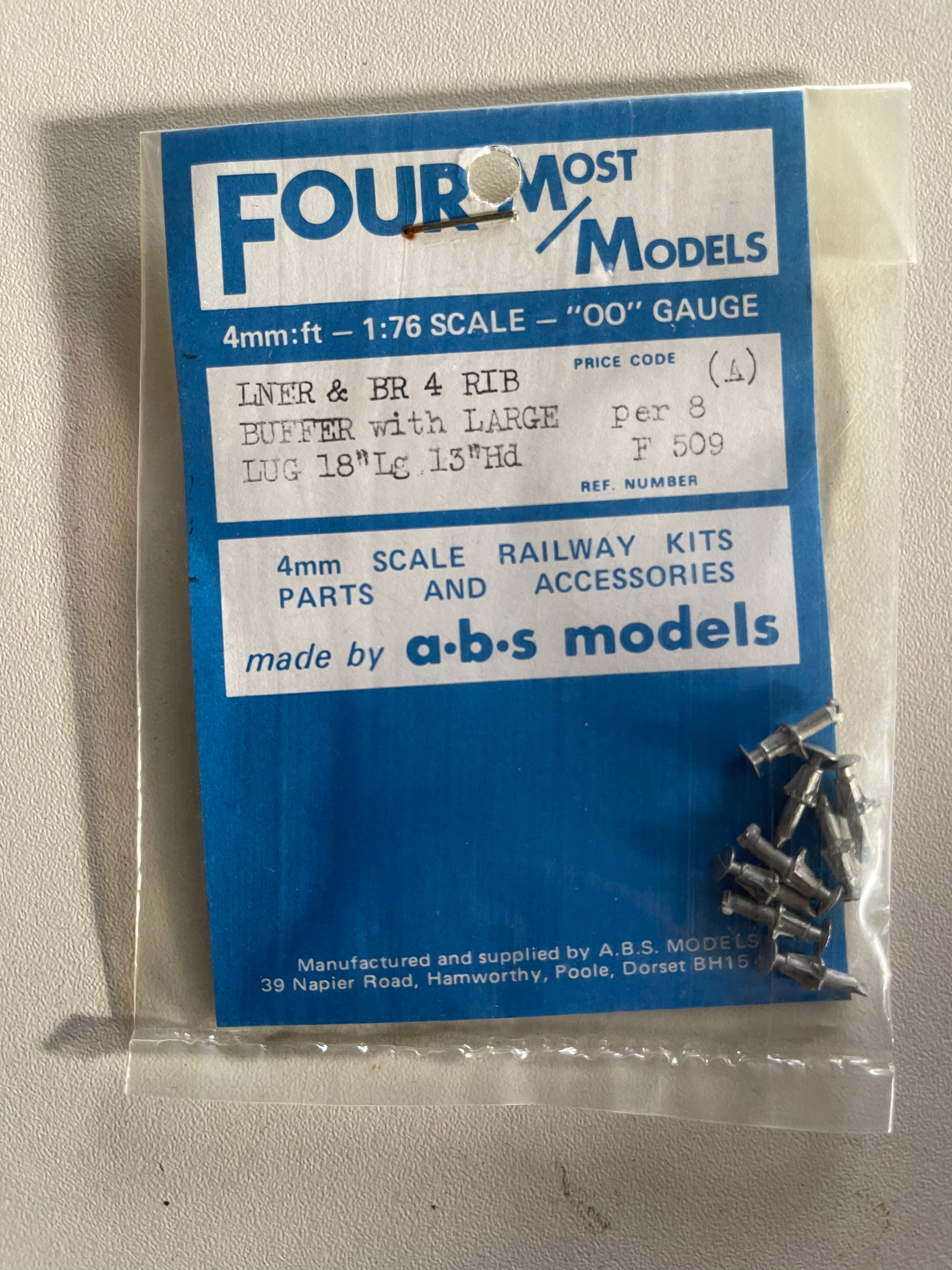 A.B.S. - F 509 L.N.E.R. & B.R. 4 RIB BUFFERS WITH LARGE LUG (8)