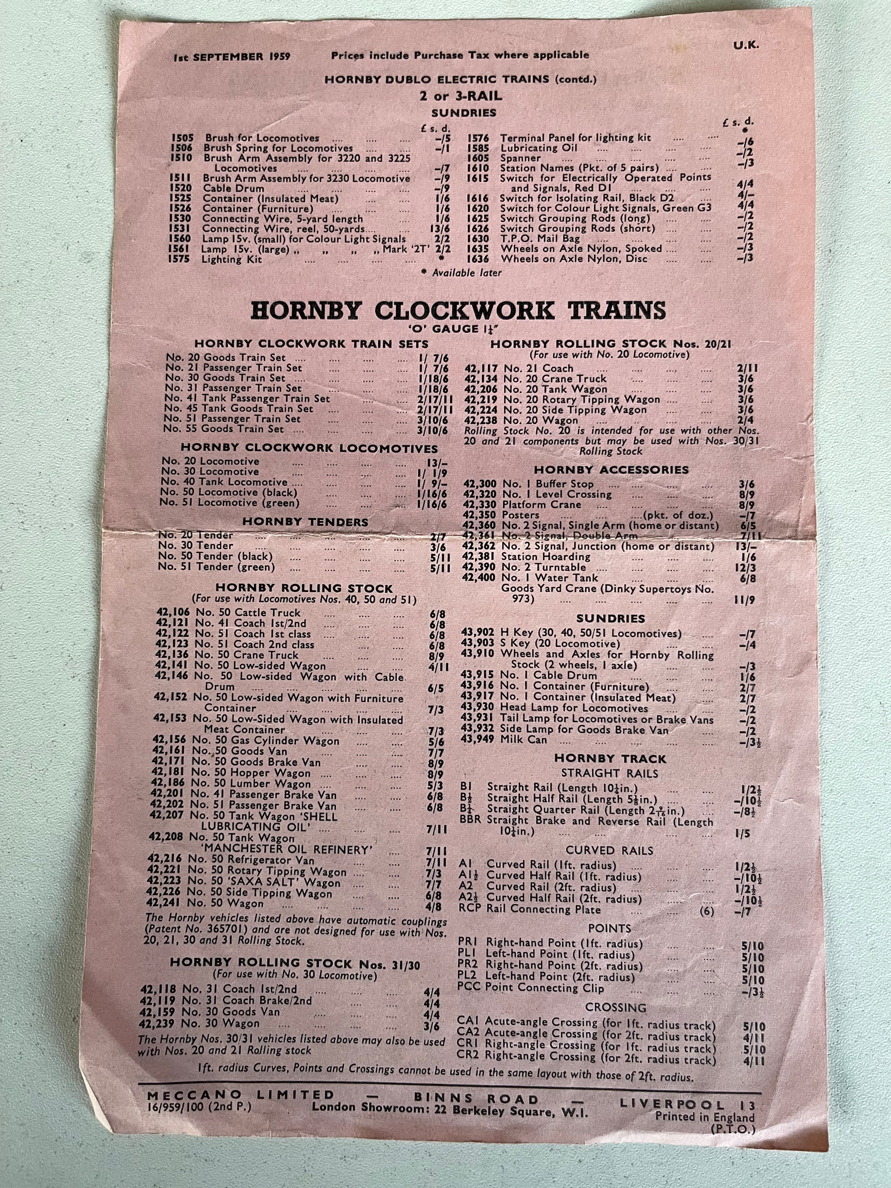 HORNBY DUBLO - PRICE LISTING September 1959