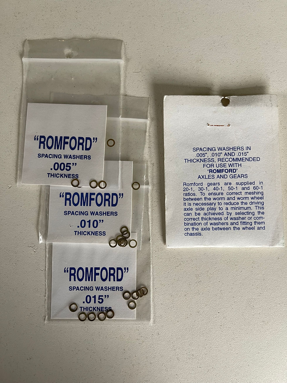 ROMFORD SPACING WASHERS .005", .010" & .015"