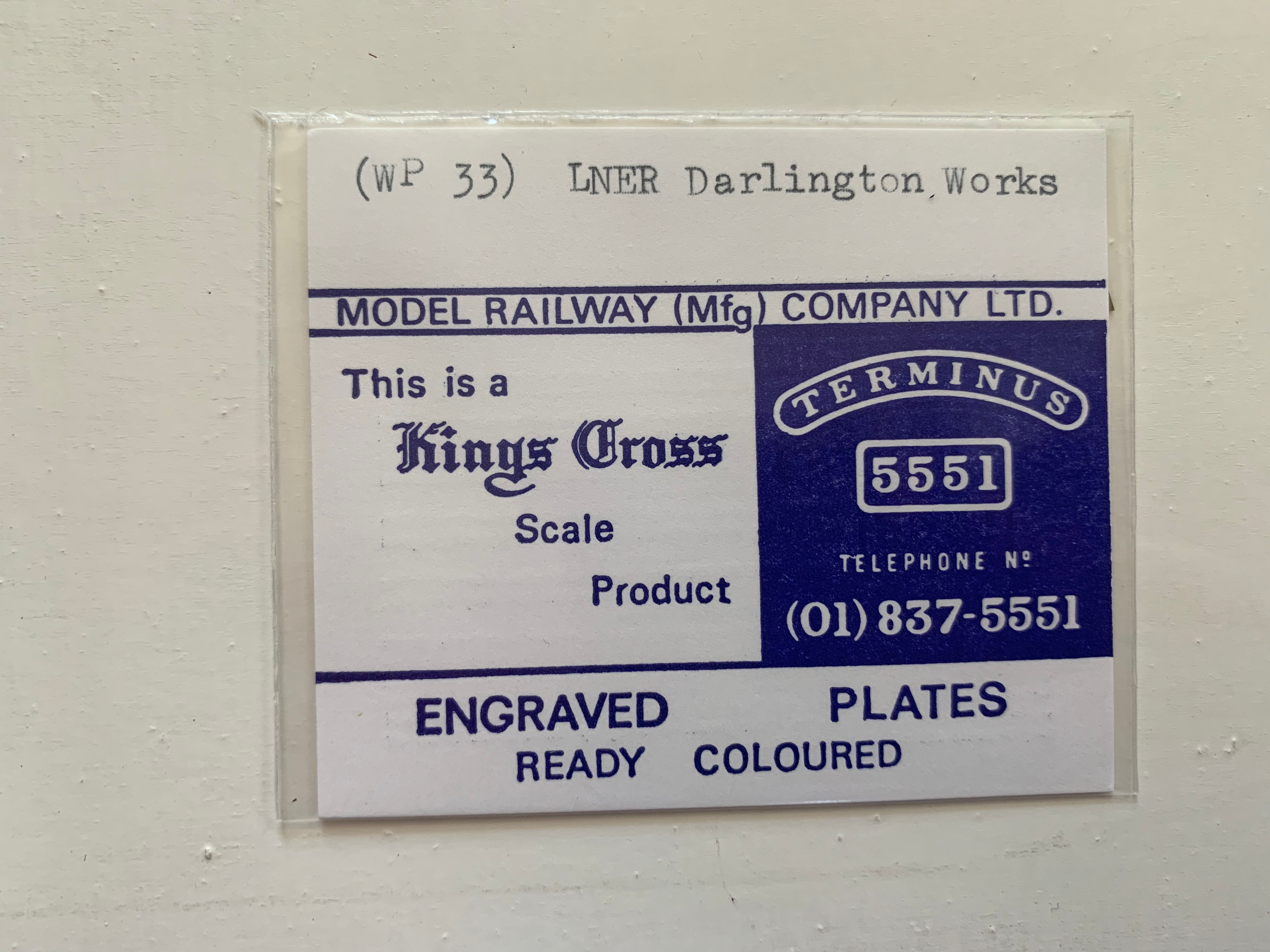 KINGS CROSS - ENGRAVED PLATES - (WP 33) LNER DARLINGTON WORKS