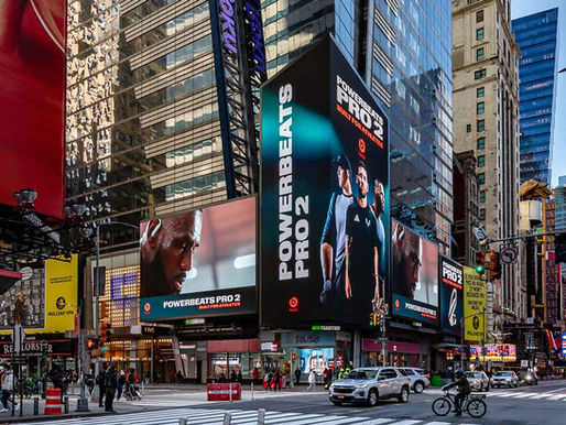 Synchronized digital billboards in Times Square for Powerbeats Pro 2 series featuring well-known athletes featuring well-known athletes