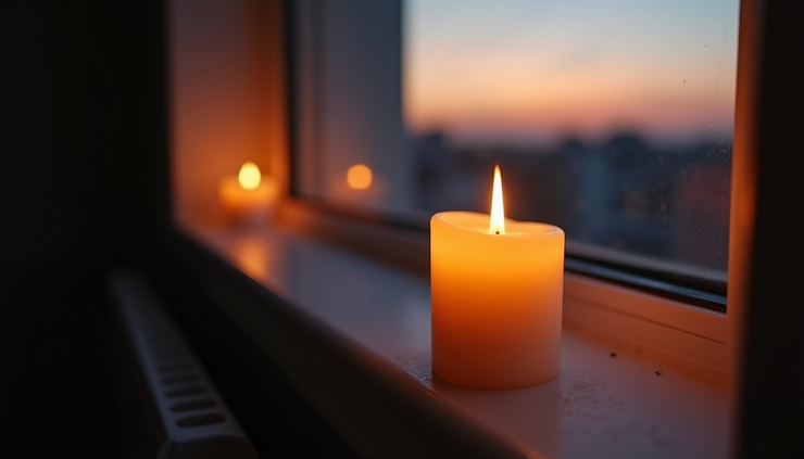 Close-up view of a flickering candle flame on a windowsill at dusk