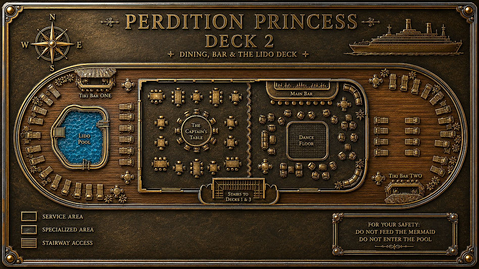 A bronze plaque showing the layout for The Lido Deck of The Perdition Princess