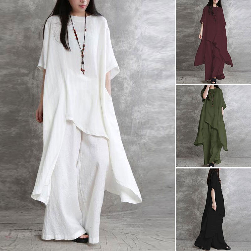Women Cotton Linen Pant Sets 2 Pieces Casual Half Sleeve Solid Loose Blouse&High