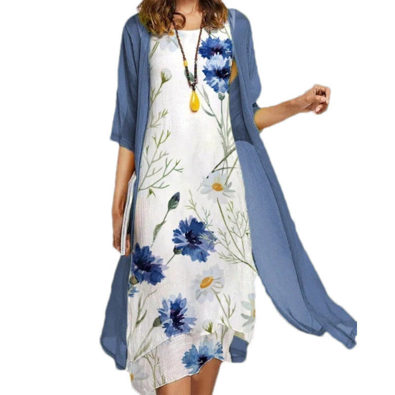 Thumbnail: Floral Print Chiffon Short Sleeve Two Piece Maxi Dress