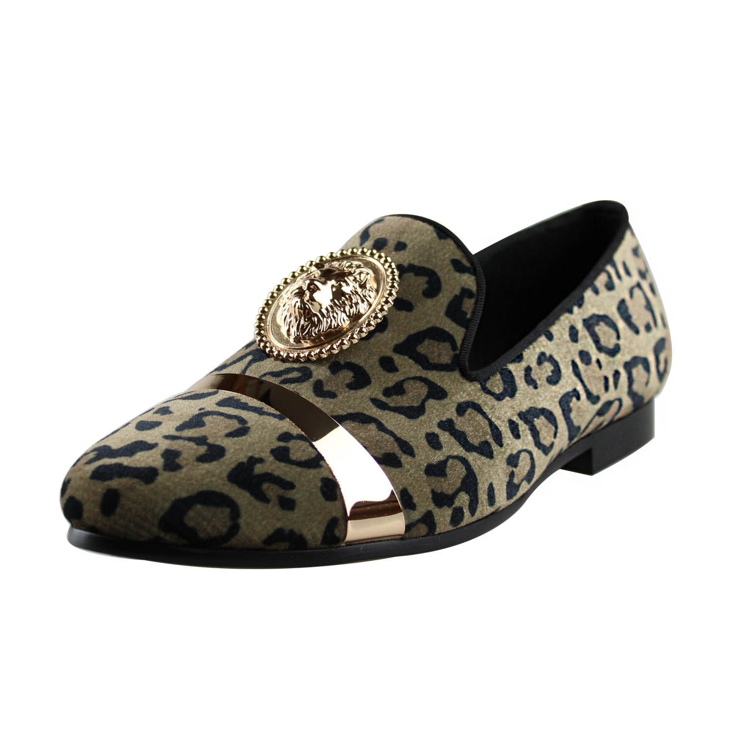Harpelunde Men Leopard Prints Formal Dress Shoes Lion Emblem Velvet Loafer Gold