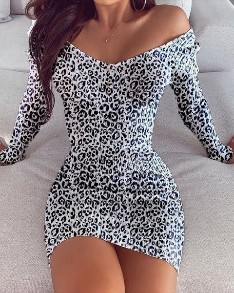 Miniatura: Fall/Winter Women's Dress Leopard Print Over the Shoulder Slim Party Casual Dres